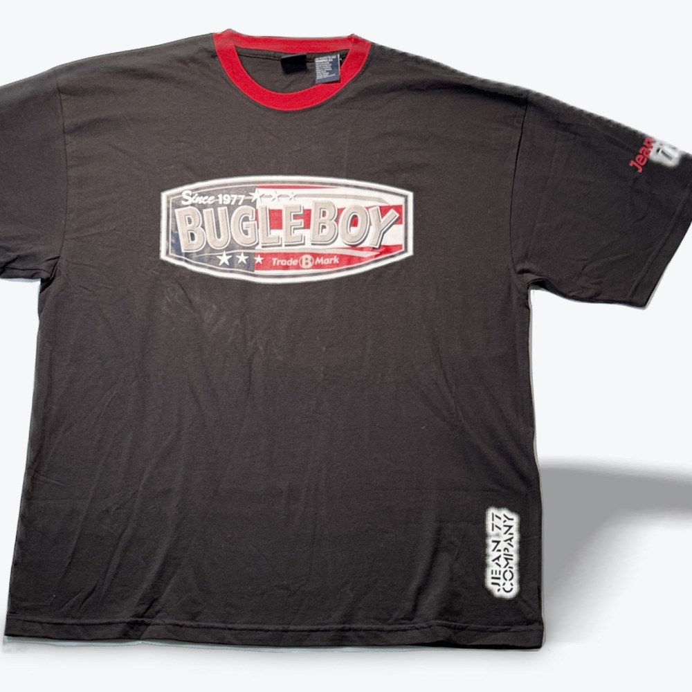 Vintage Bugle Boy Ringer Tee 1990s Graphic T-Shirt Y2K Mens XL Black Red
